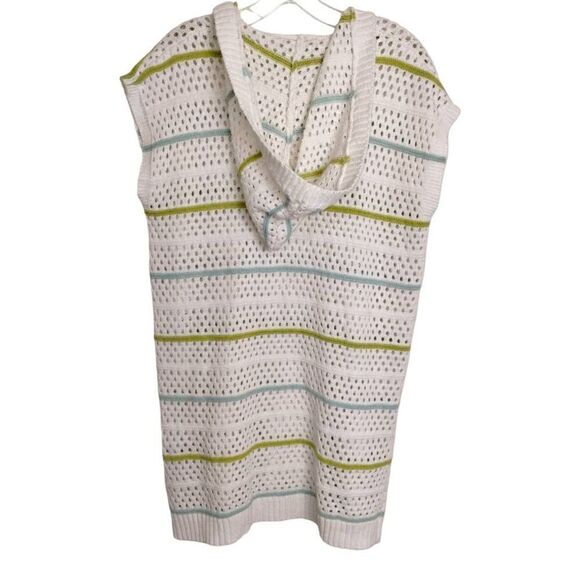 Miss Sparkling White Knit Coverup Blue Green Stripes Hoodie Sleeveless M - Picture 3 of 9